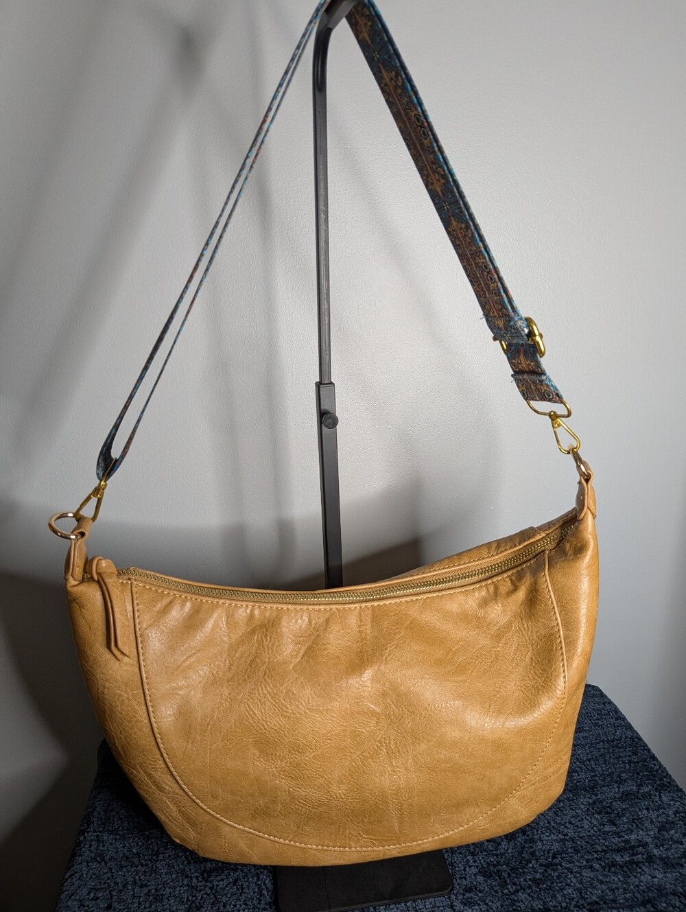 Threaded Pear Tan Vegan Leather Crescent Hobo Crossbody Bag Woven Guitar Strap